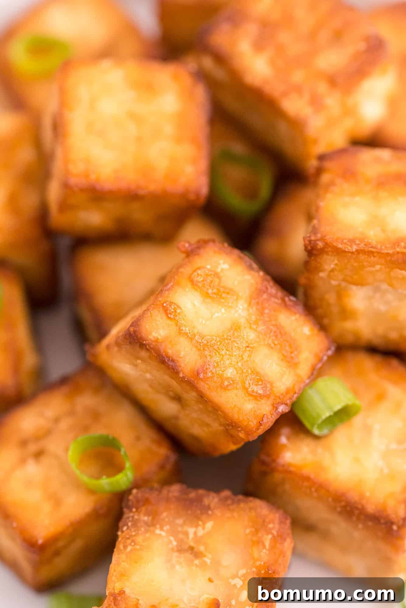 Close up of cubed, crispy tofu on a plate, topped with green onions.