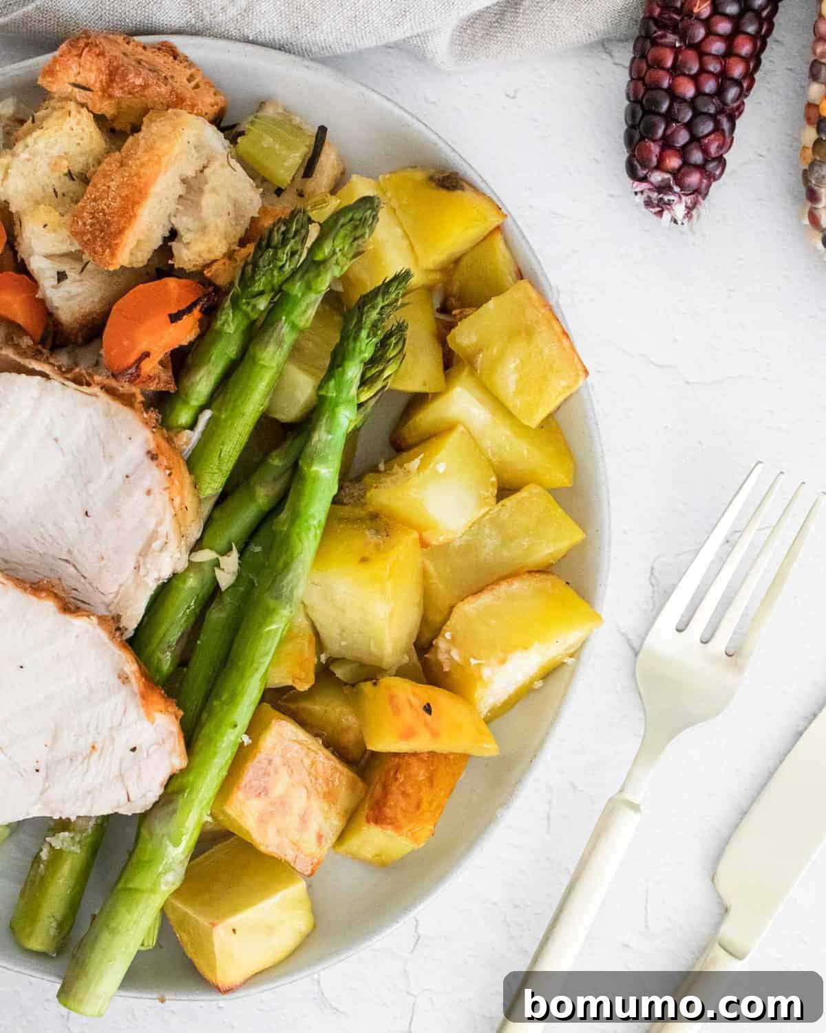 Plated thanksgiving meal with potatoes and asparagus.