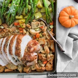 Close up of a Thanksgiving dinner on a sheet pan: turkey breast, dressing, potatoes, and asparagus.