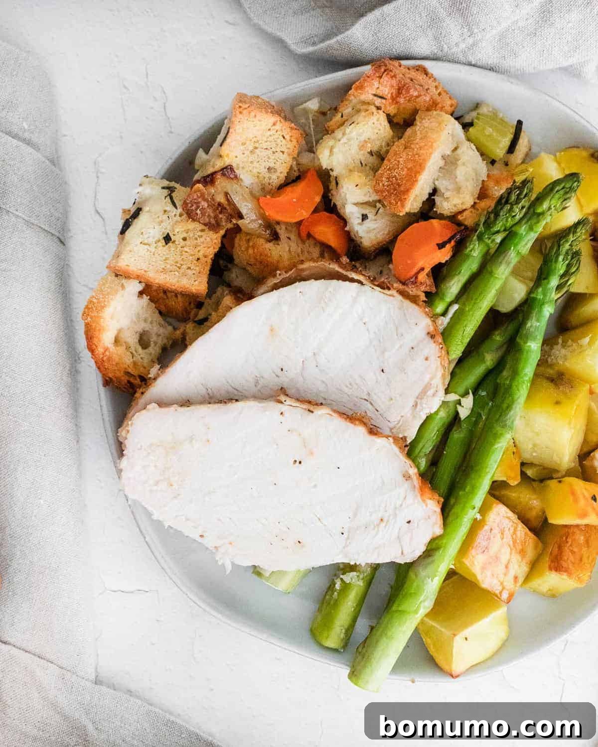 Plated Thanksgiving dinner.
