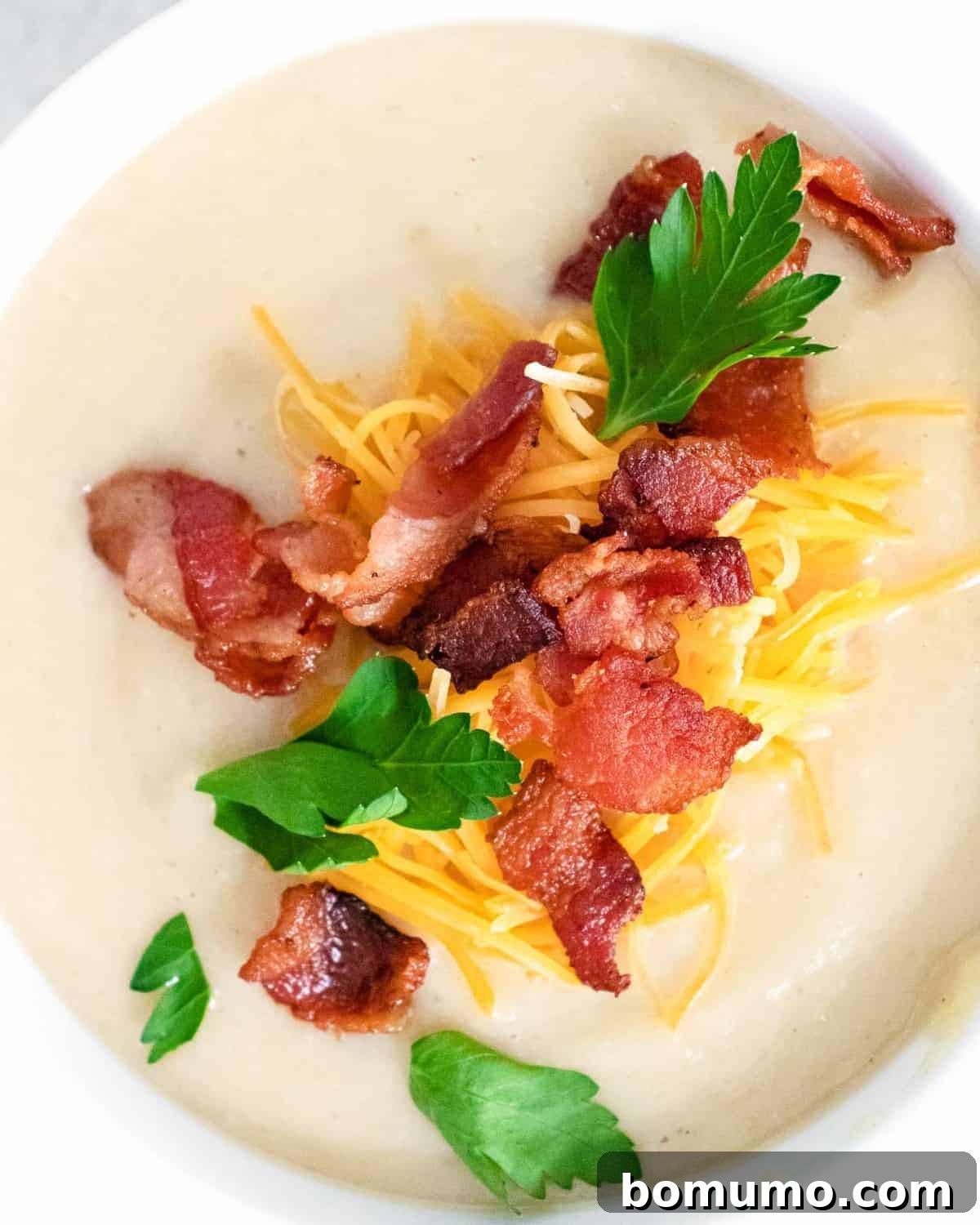 Close up of creamy soup topped with bacon, fresh parsley, and cheddar cheese.