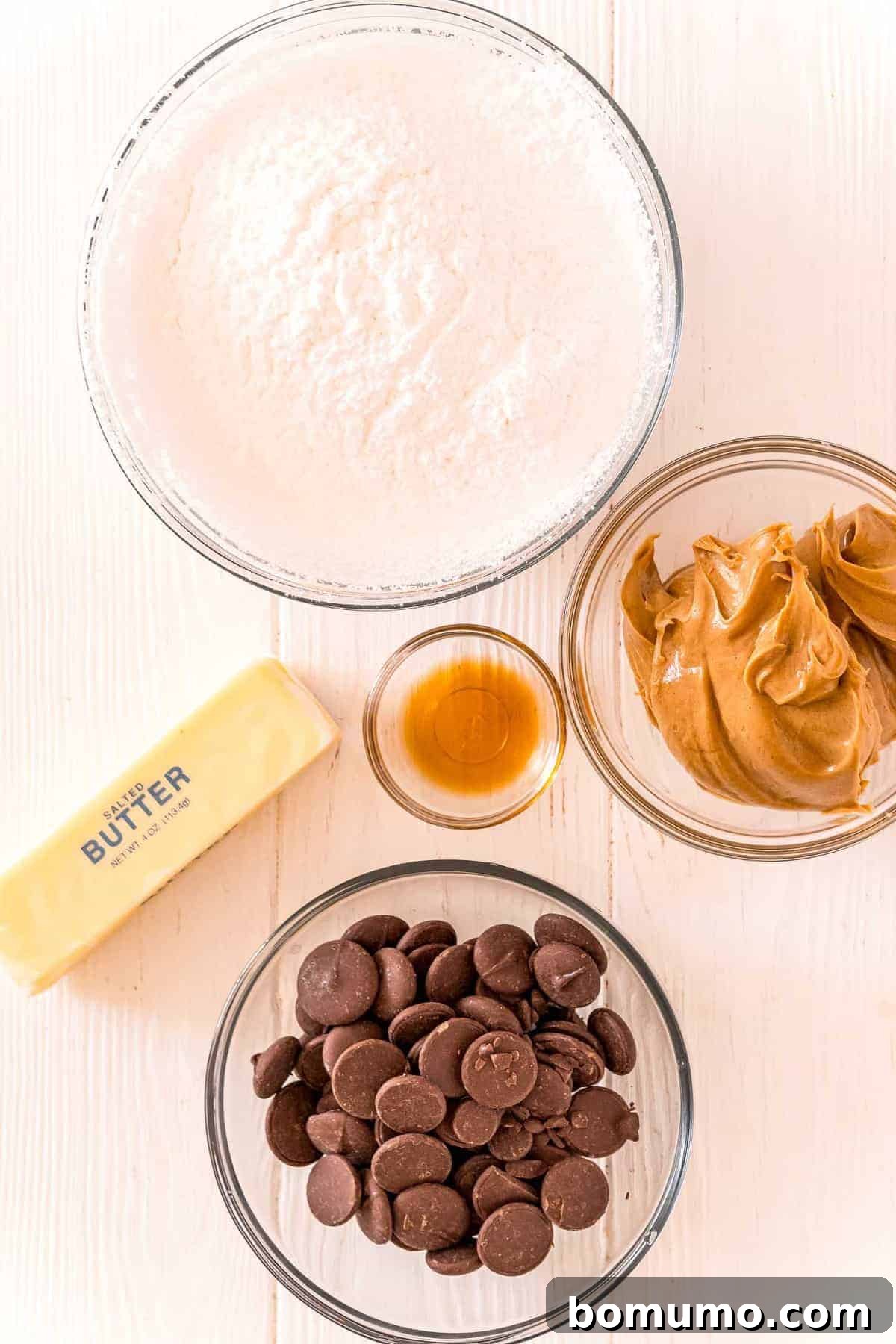 An overhead shot showcasing all the simple ingredients required to make delectable buckeye candy.