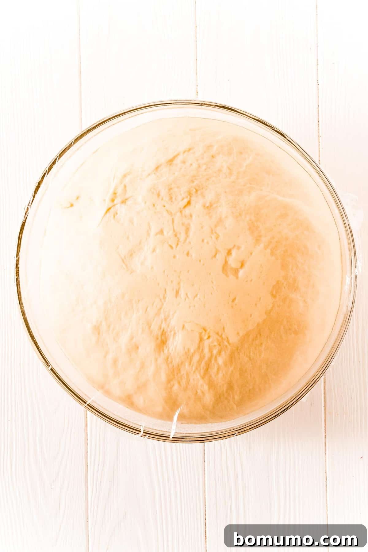Well-proofed dough, doubled in size, in a glass bowl, indicating a successful first rise and readiness for shaping.