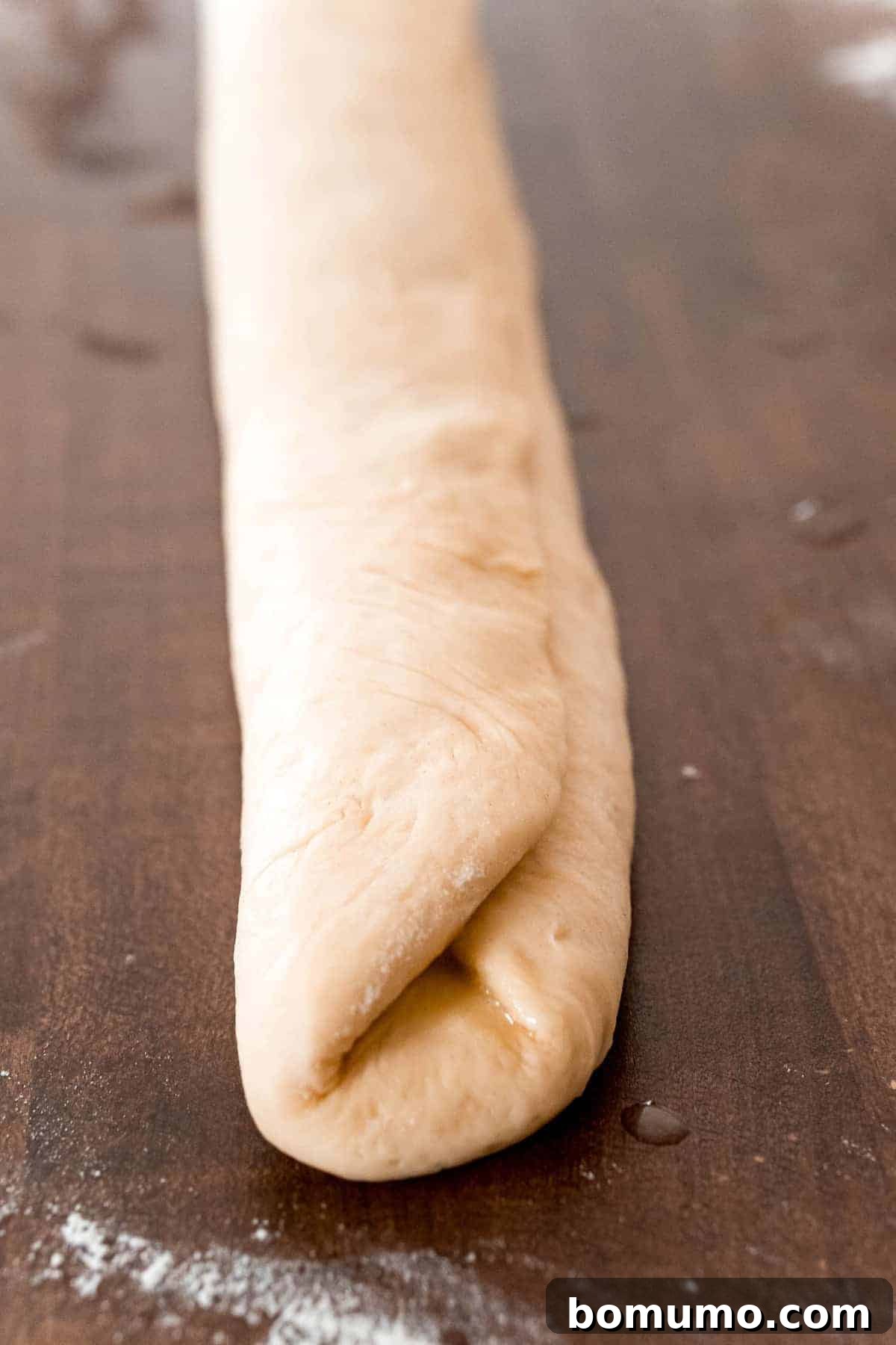 Neatly folded dough segments, prepared for cutting into individual Parker House rolls, showing the characteristic layered fold.