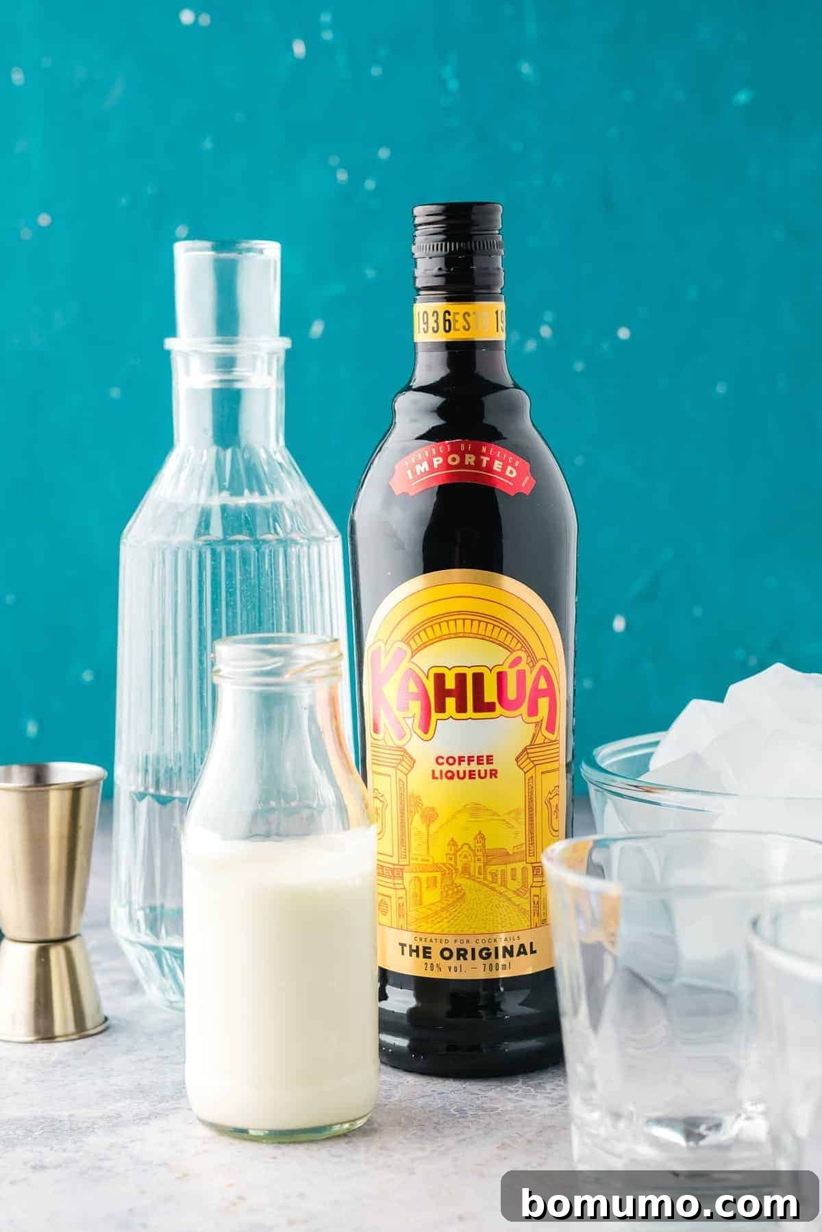 Ingredients needed for a white russian.