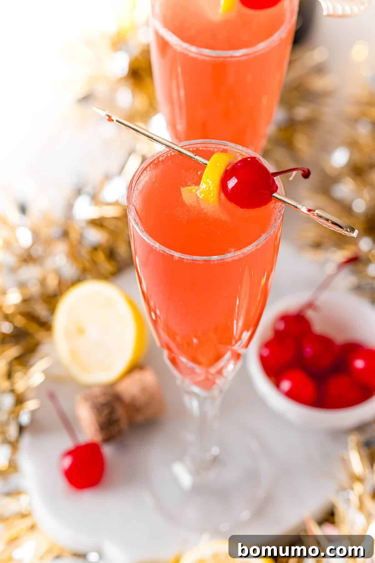 Close up overhead view of a cherry cocktail.