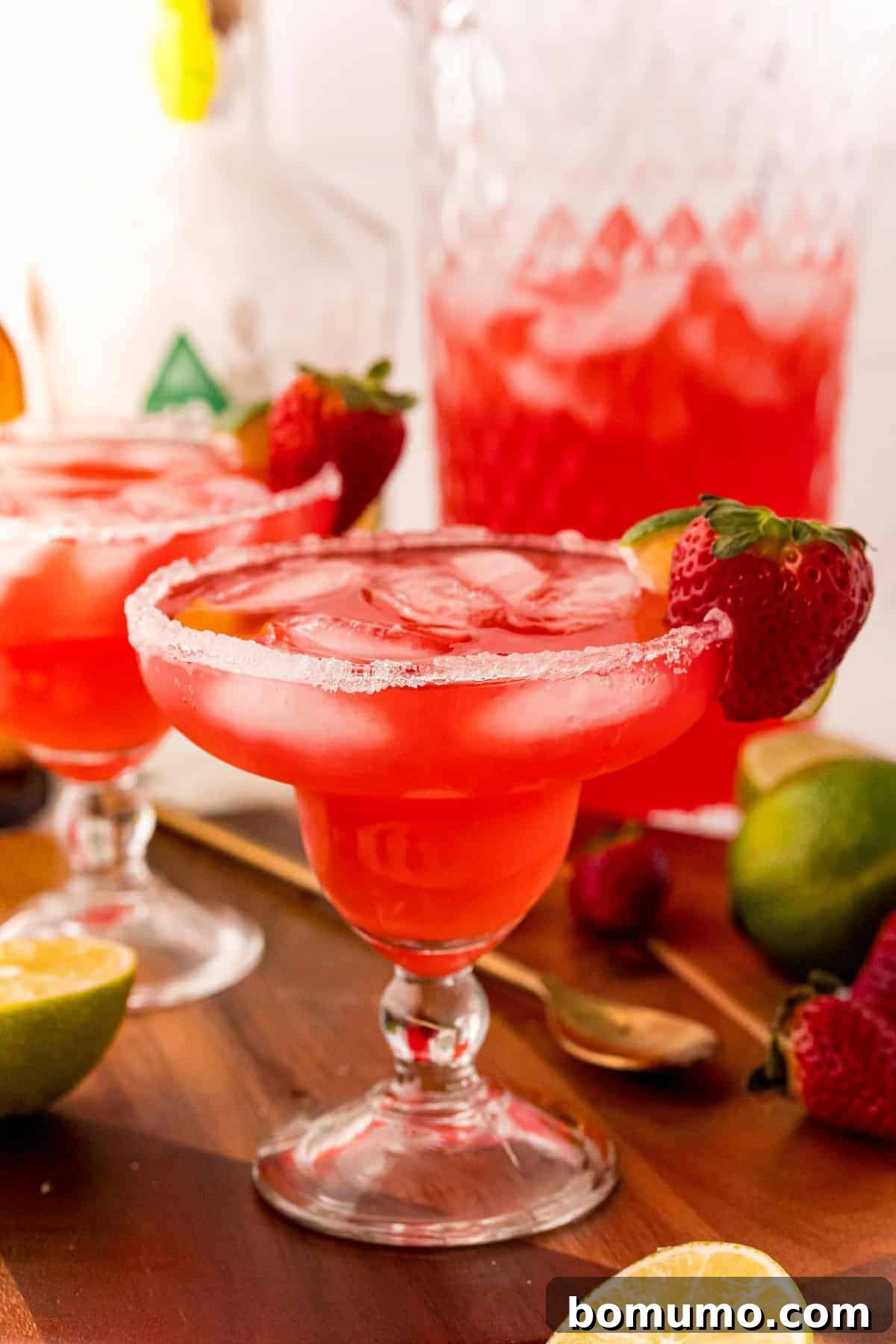 Strawberry margarita punch in a margarita glass in front of a pitcher.