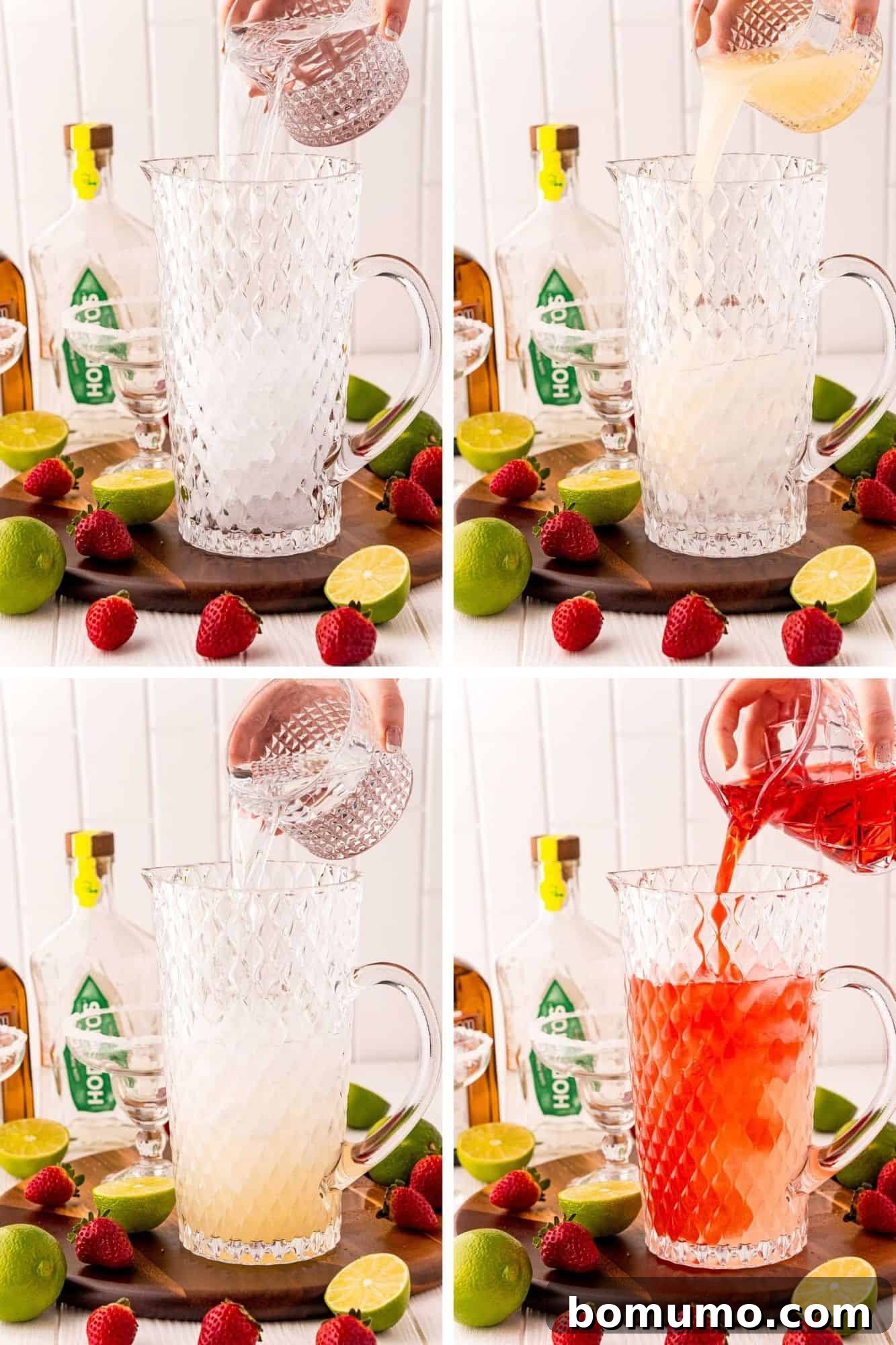 Four images of various liquids being poured into a large clear glass pitcher.