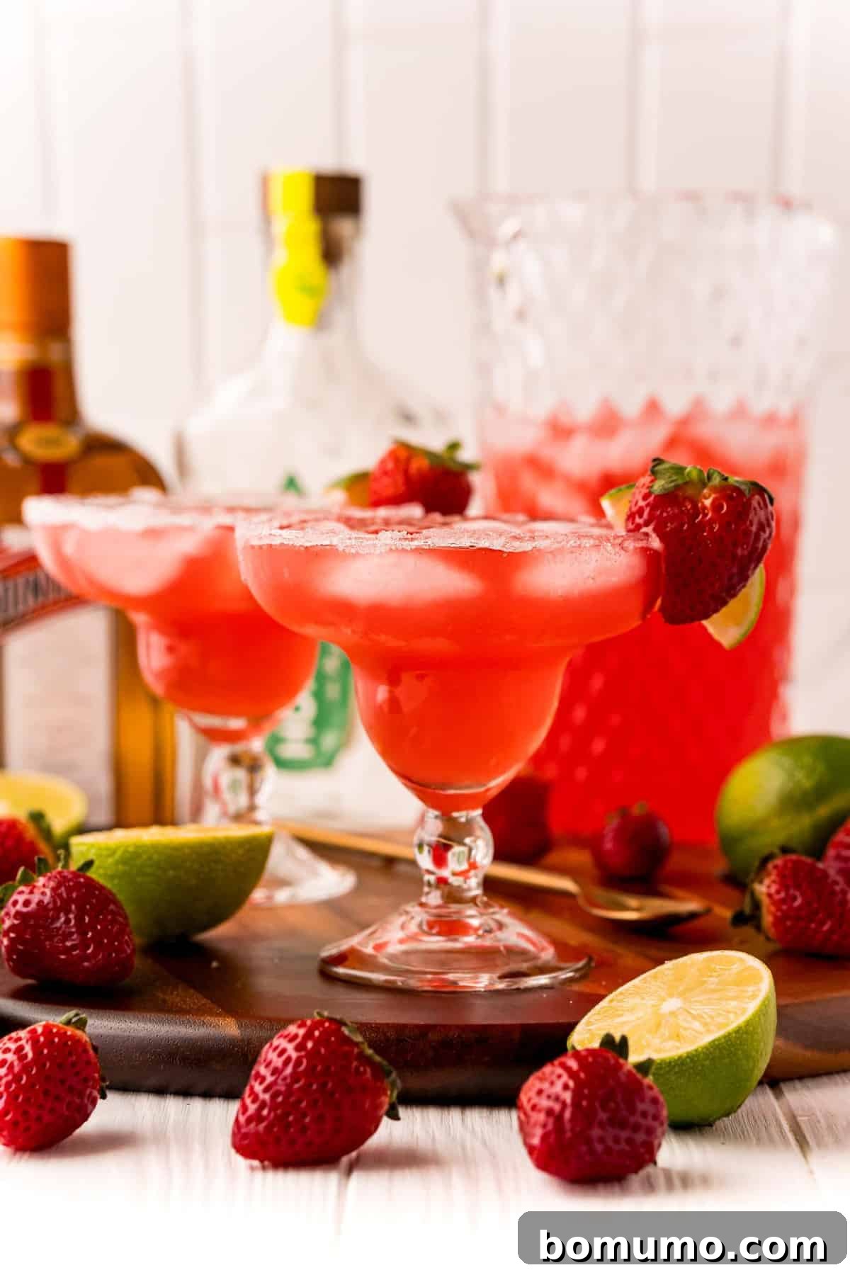 Straight on view of two glasses of strawberry margarita punch. A pitcher and bottles are in the background.