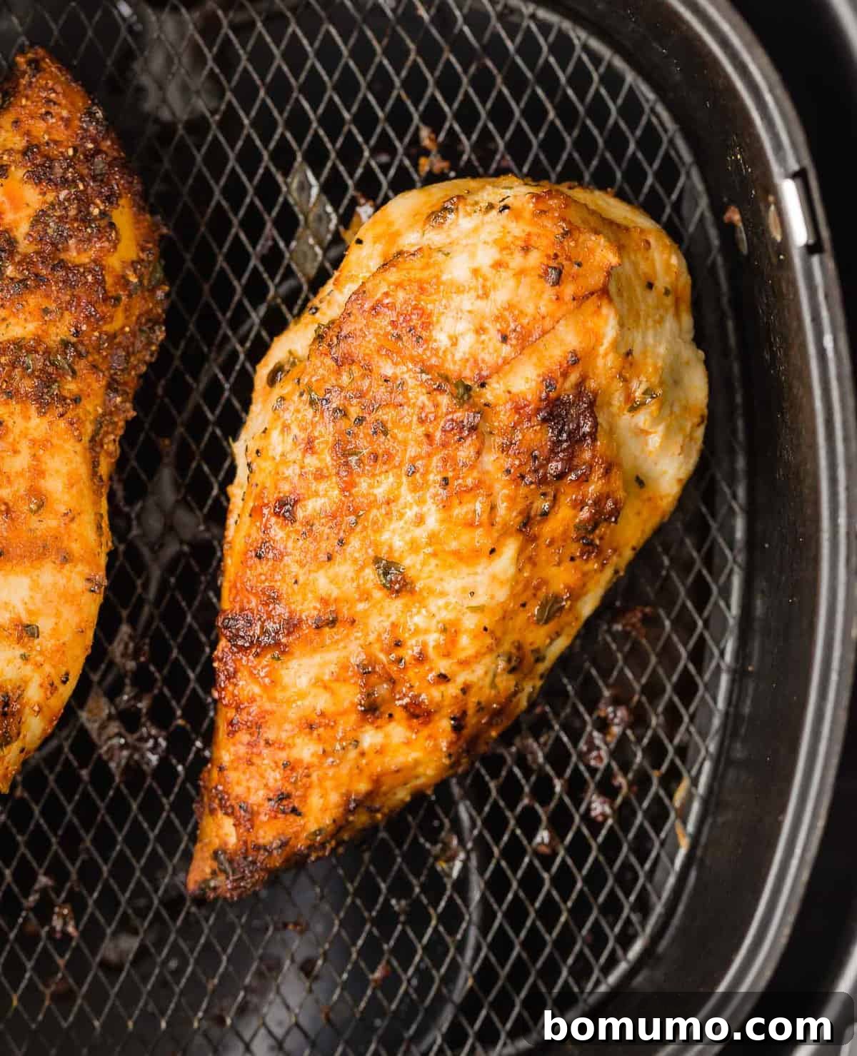 Overhead view of a cooked chicken breast in a black air fryer basket.