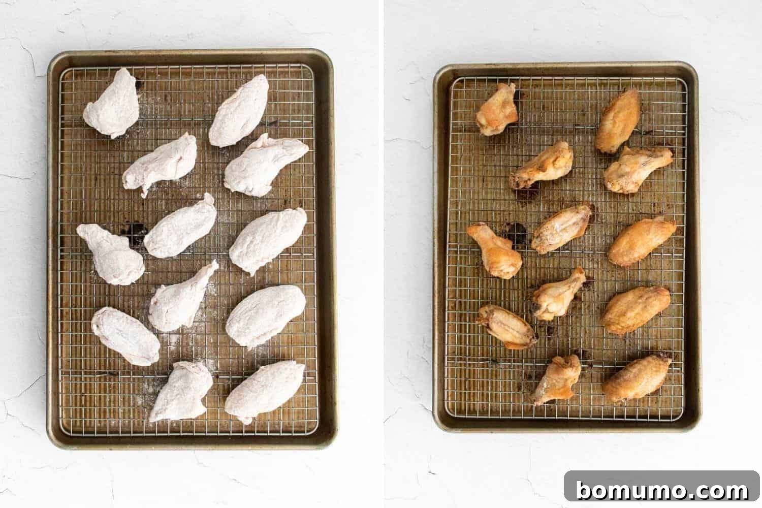 A visual comparison showing an uncoated chicken wing on the left and a perfectly baked, crispy wing on the right, resting on a baking sheet.