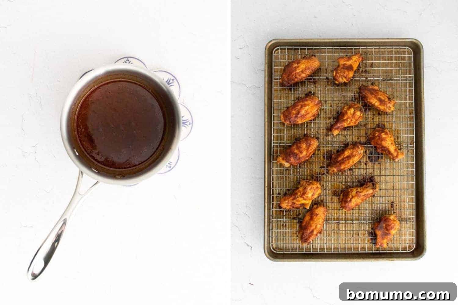 The simmering wing glaze in a saucepan on the left, next to a platter of beautifully glazed chili lime chicken wings on the right.