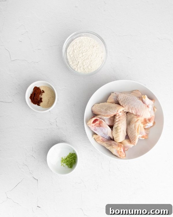 Raw chicken wings in a bowl, surrounded by small bowls holding flour, baking powder, garlic powder, chili powder, lime zest, and salt – all the ingredients for the wing coating.