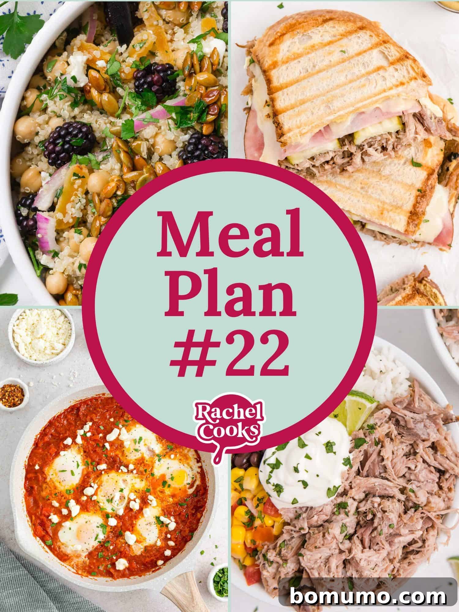 Meal plan graphic with text and photos of delicious recipes, including options for a week's worth of meals.