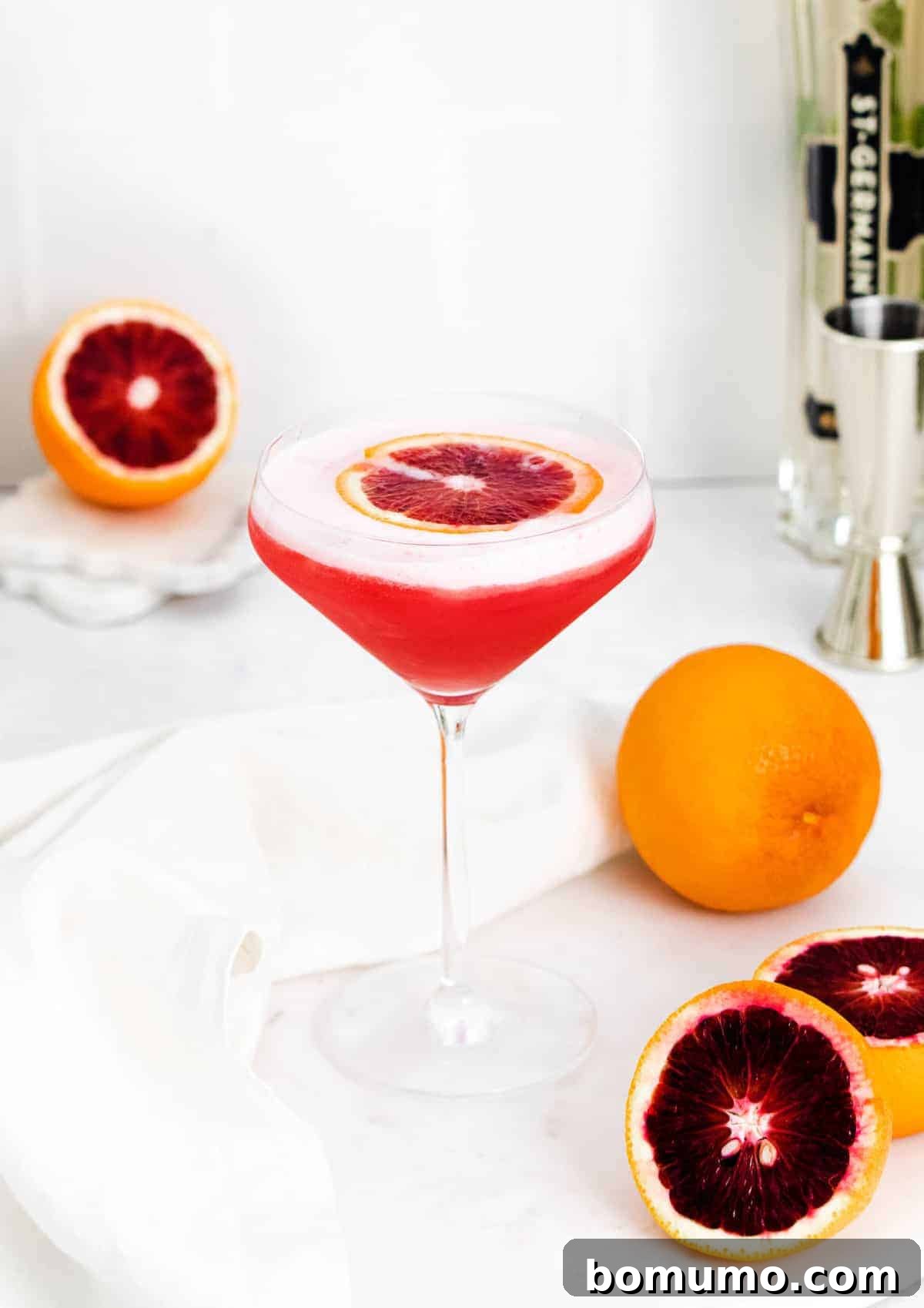 Blood orange gin fizz with an orange slice floating in it. A perfectly garnished Blood Orange Gin Fizz.