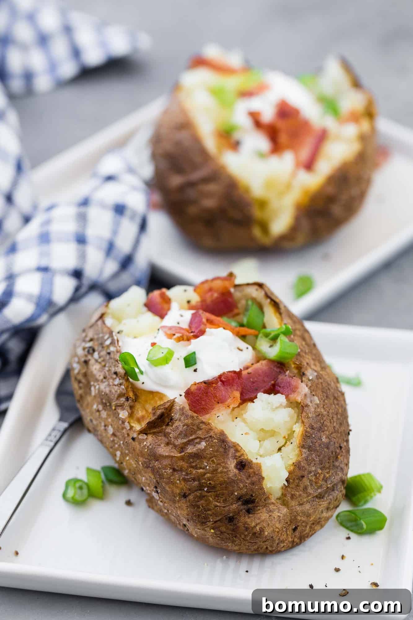 Baked potatoes on white plates, generously topped with sour cream, fresh green onions, and savory bacon bits.