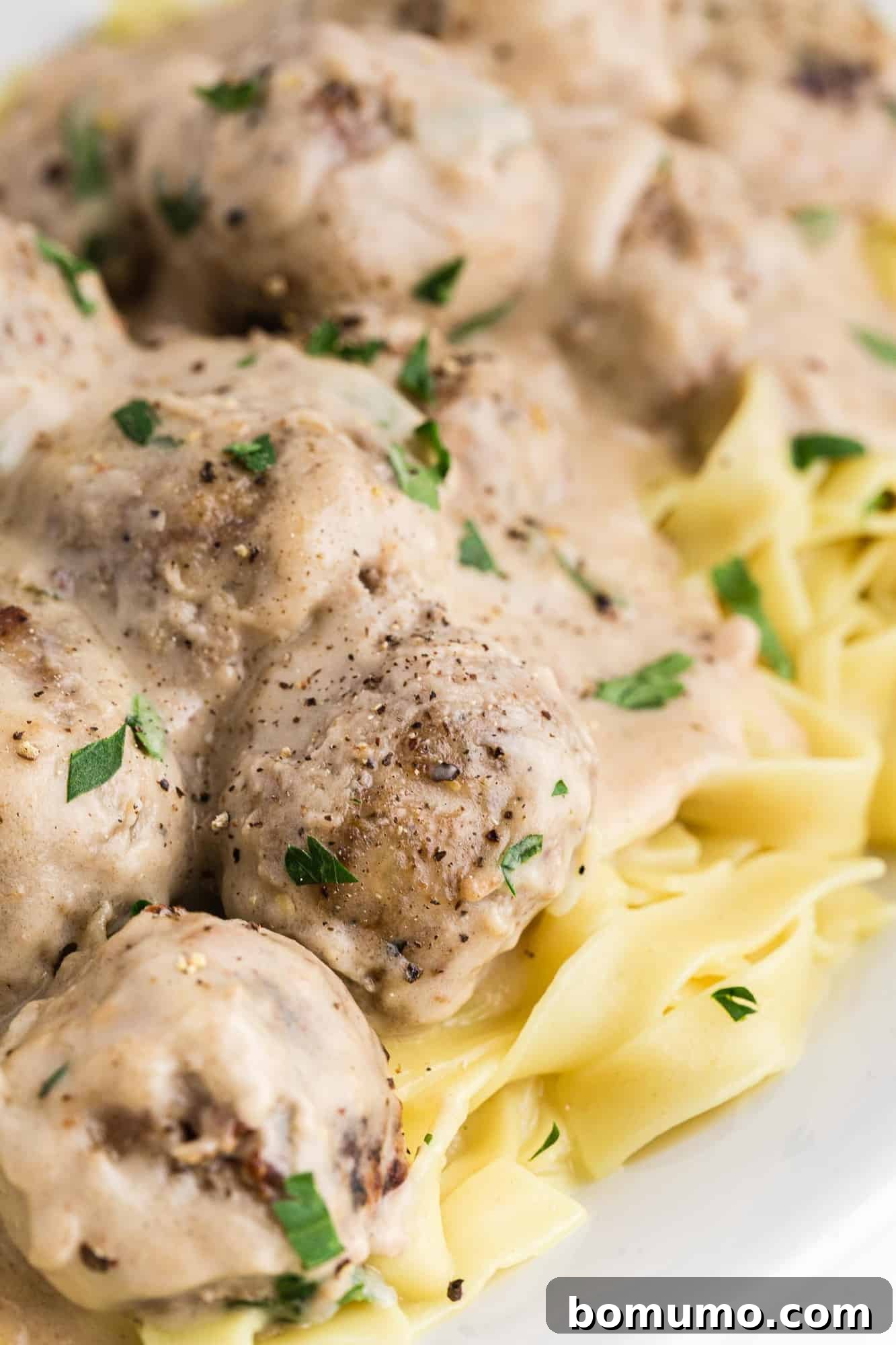 Creamy meatballs on noodles.
