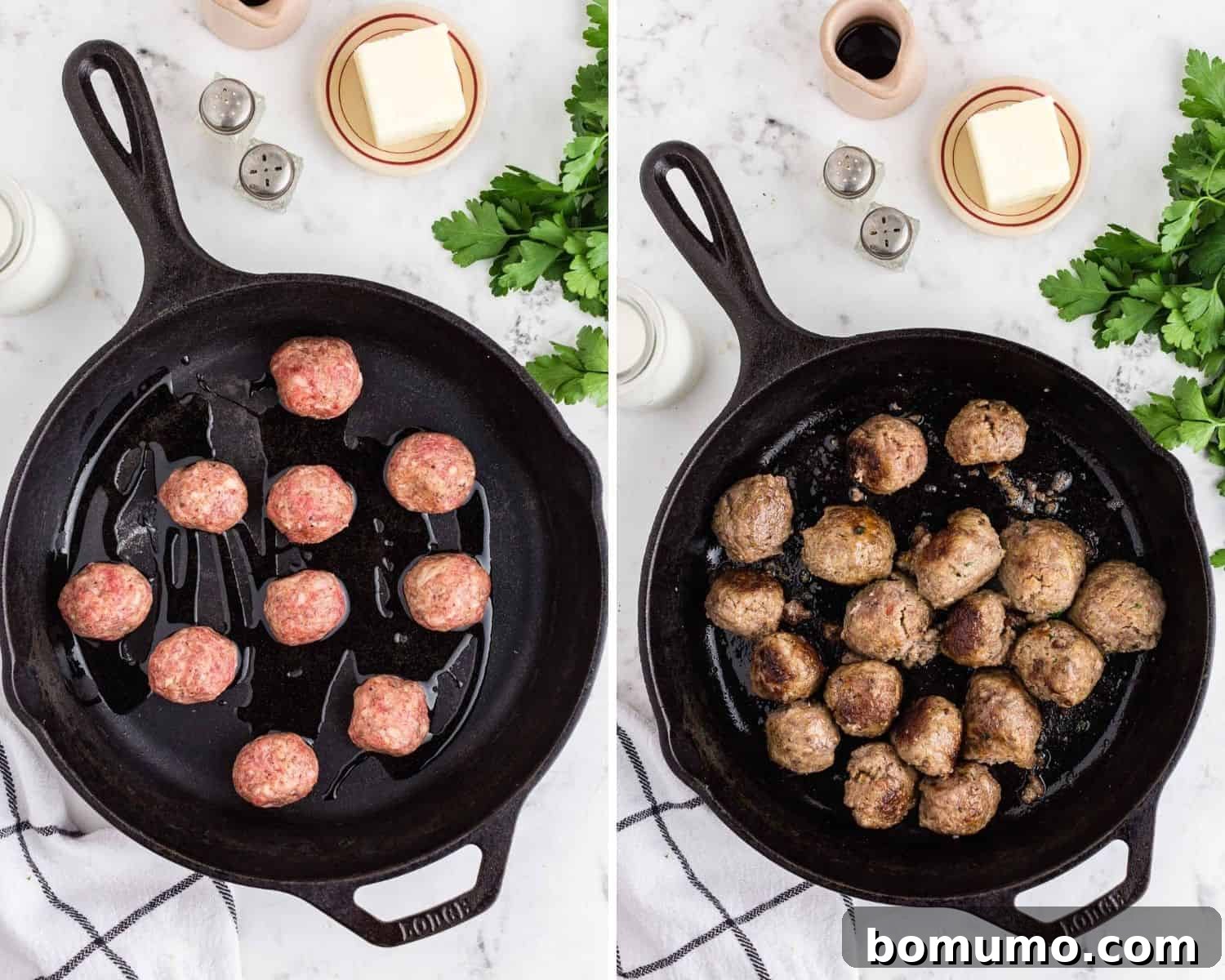 Meatballs before and after browning.