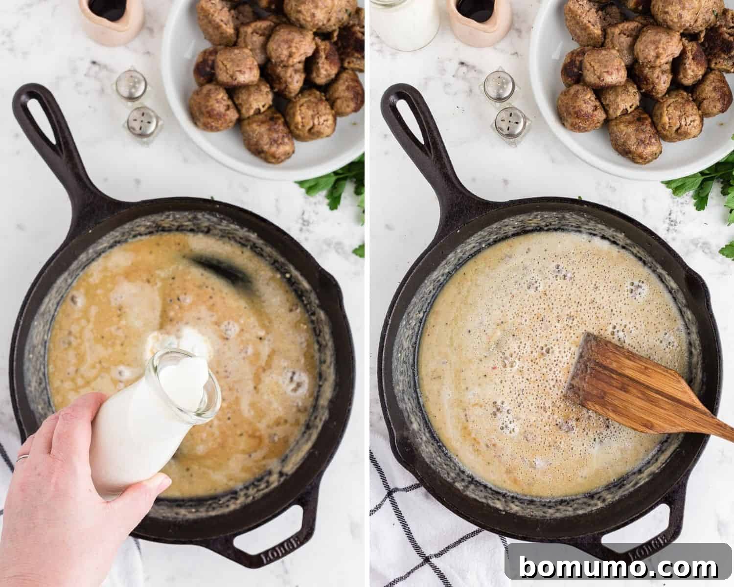 Cream being added to sauce.