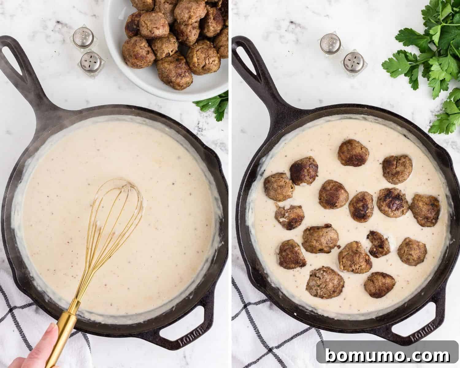 Sauce before and after adding meatballs.