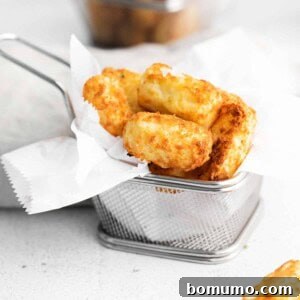 Air fryer tater tots in a tiny metal basket, ready to be served.