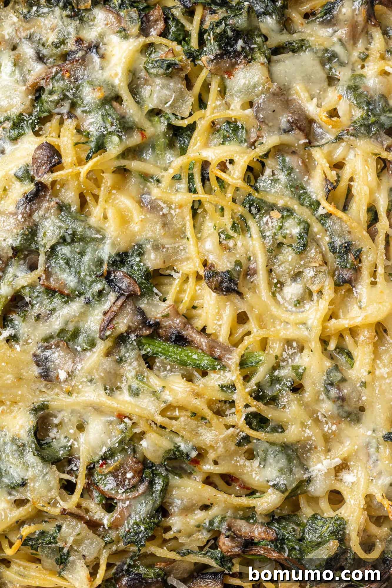 Cheesy Spinach Baked Spaghetti 9 Very close up image of baked spaghetti with cheese, spinach, and mushrooms.