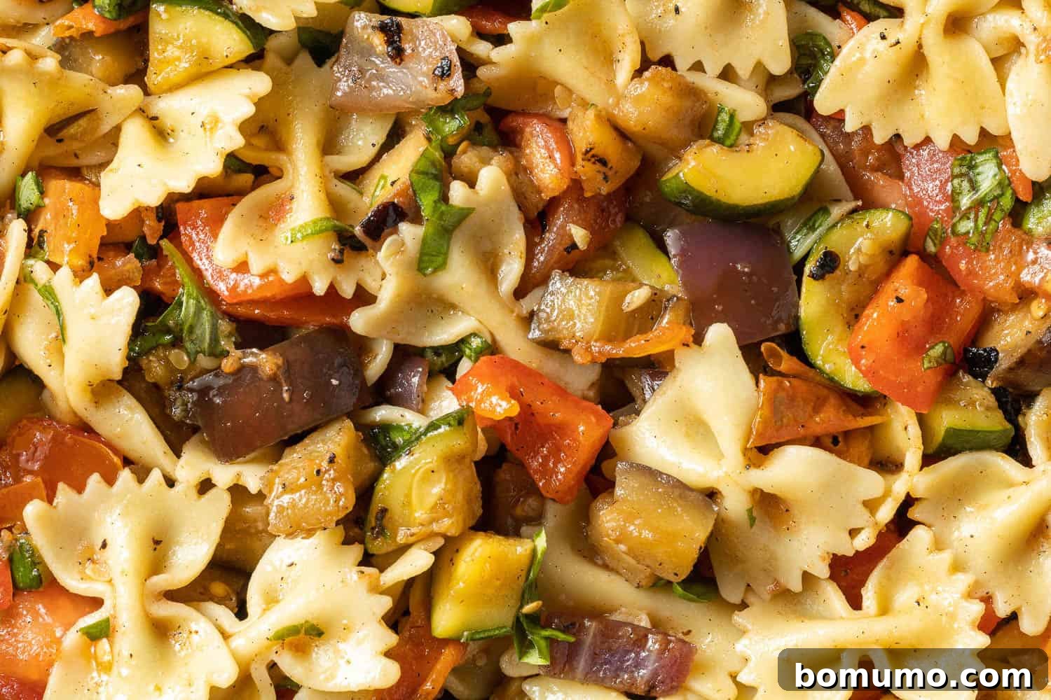 Close up of ratatouille pasta salad.