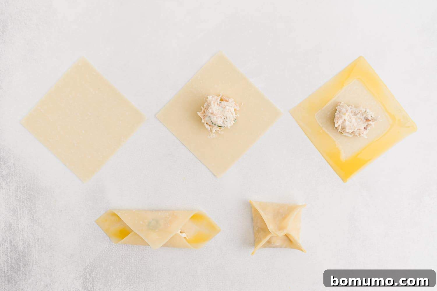 A step-by-step visual guide showing how to fold a crab rangoon into its classic shape.