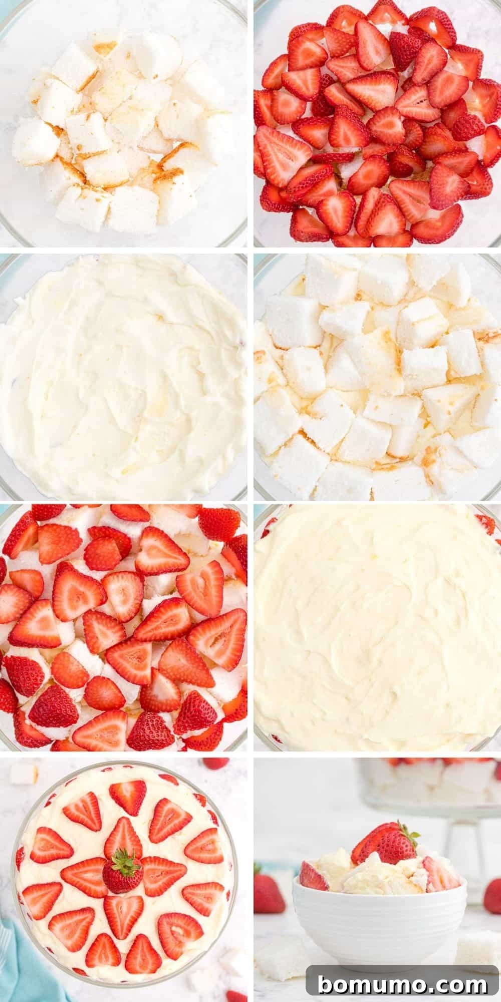 Effortless Strawberry Trifle 11 An 8-photo collage illustrating the sequential steps to layering a strawberry trifle, from cubing the cake to the final berry topping.