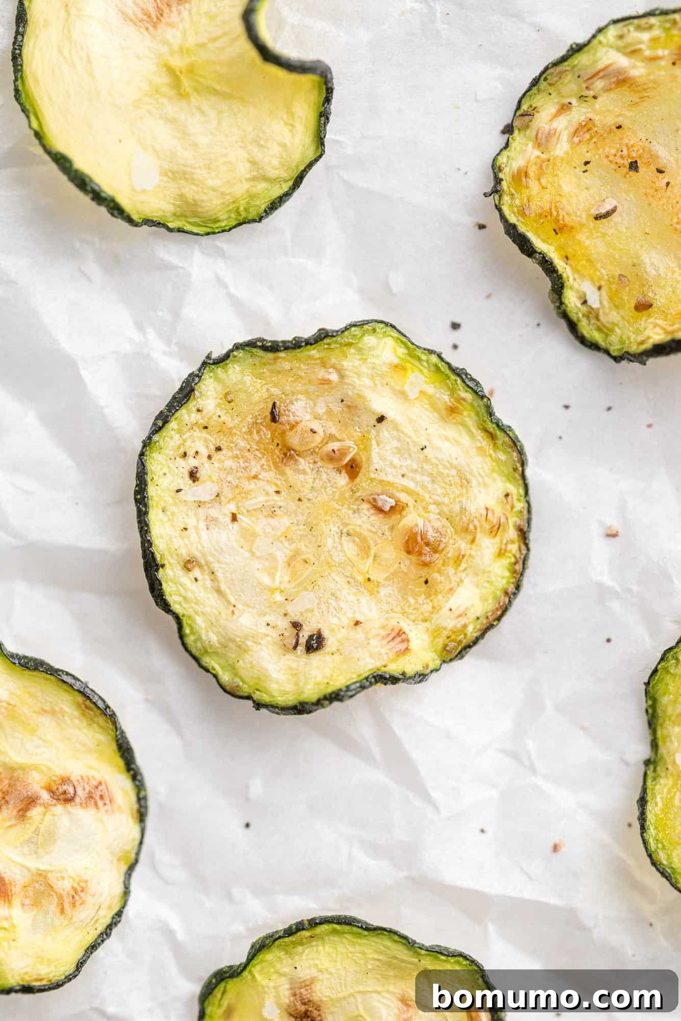 Overhead view of a generous serving of crispy air fryer zucchini chips, highlighting their inviting golden-brown finish.