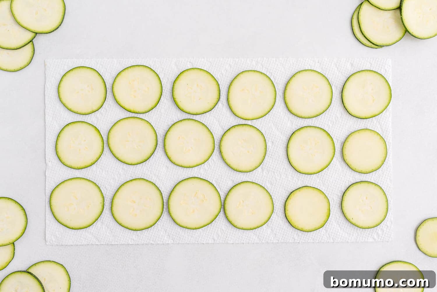 Thinly sliced zucchini laid out in a single layer on paper towels, ready for drying.