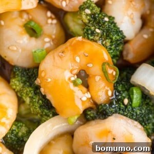 Shrimp and broccoli stir-fry in a brown sauce, garnished with sesame seeds and green onions.