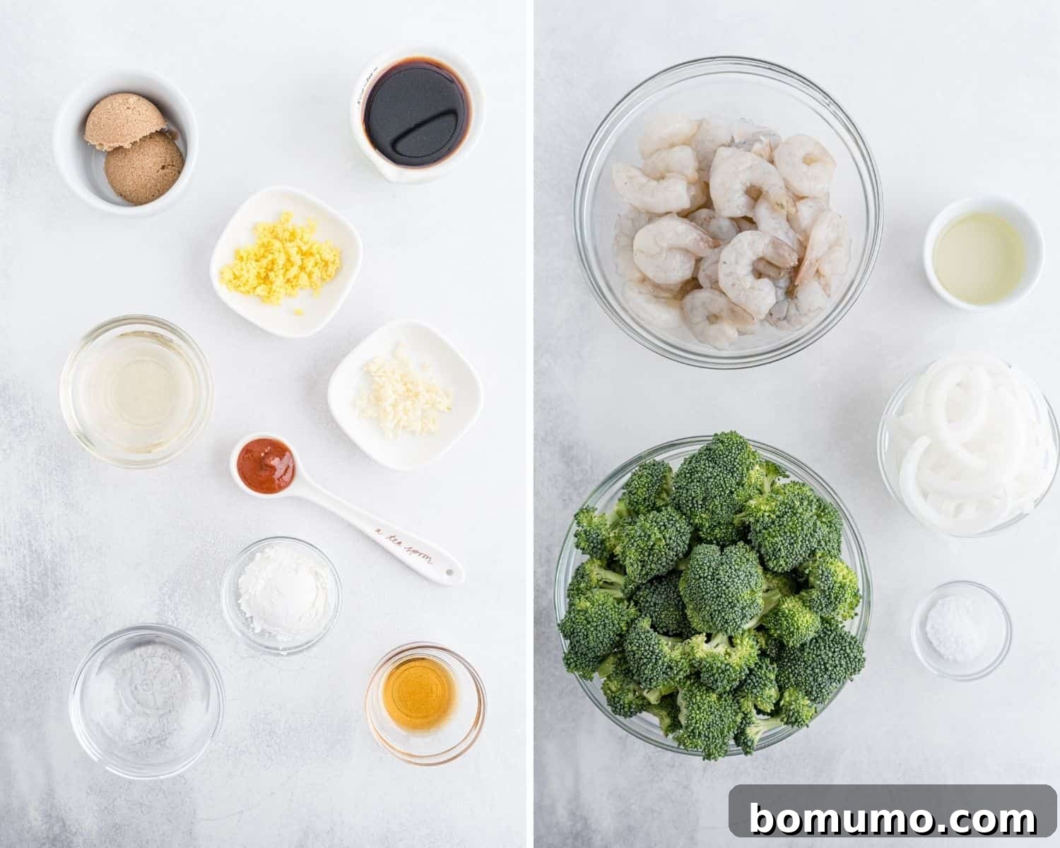 A flat lay photograph showcasing all the fresh ingredients for shrimp and broccoli stir fry, including raw shrimp, chopped broccoli, onions, and various sauce components.