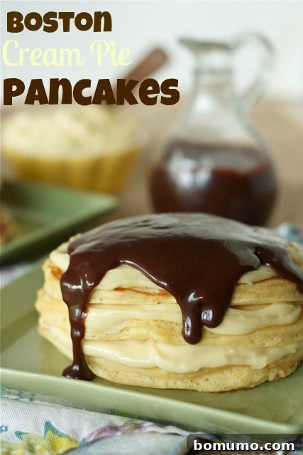 Stack of pancakes with pastry cream and ganache. Text overlay: "Boston cream pie pancakes."