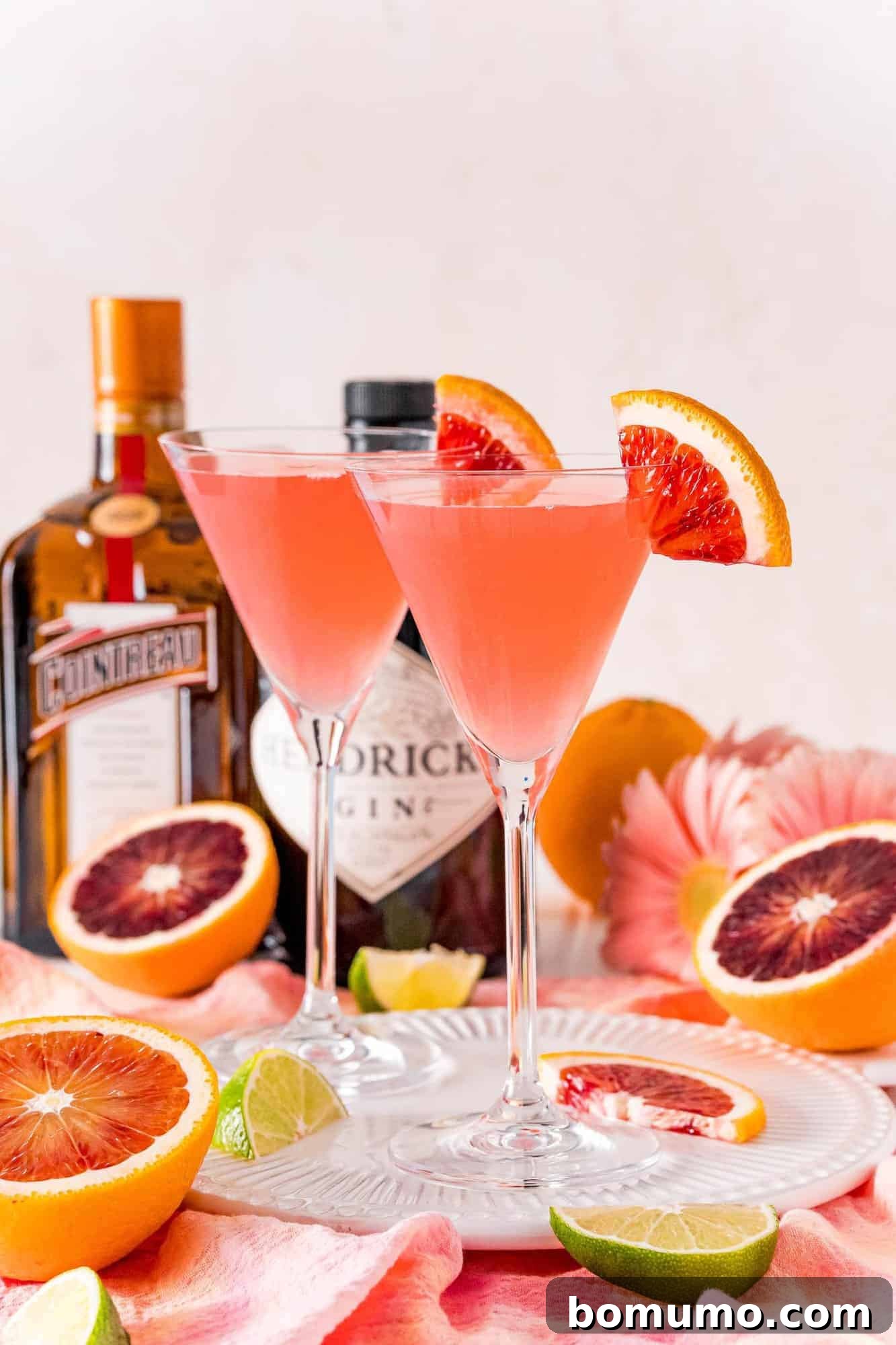 Blood Moon Martini 3 Two vibrant martinis displayed with bottles of gin and Cointreau in the background, highlighting the key ingredients.