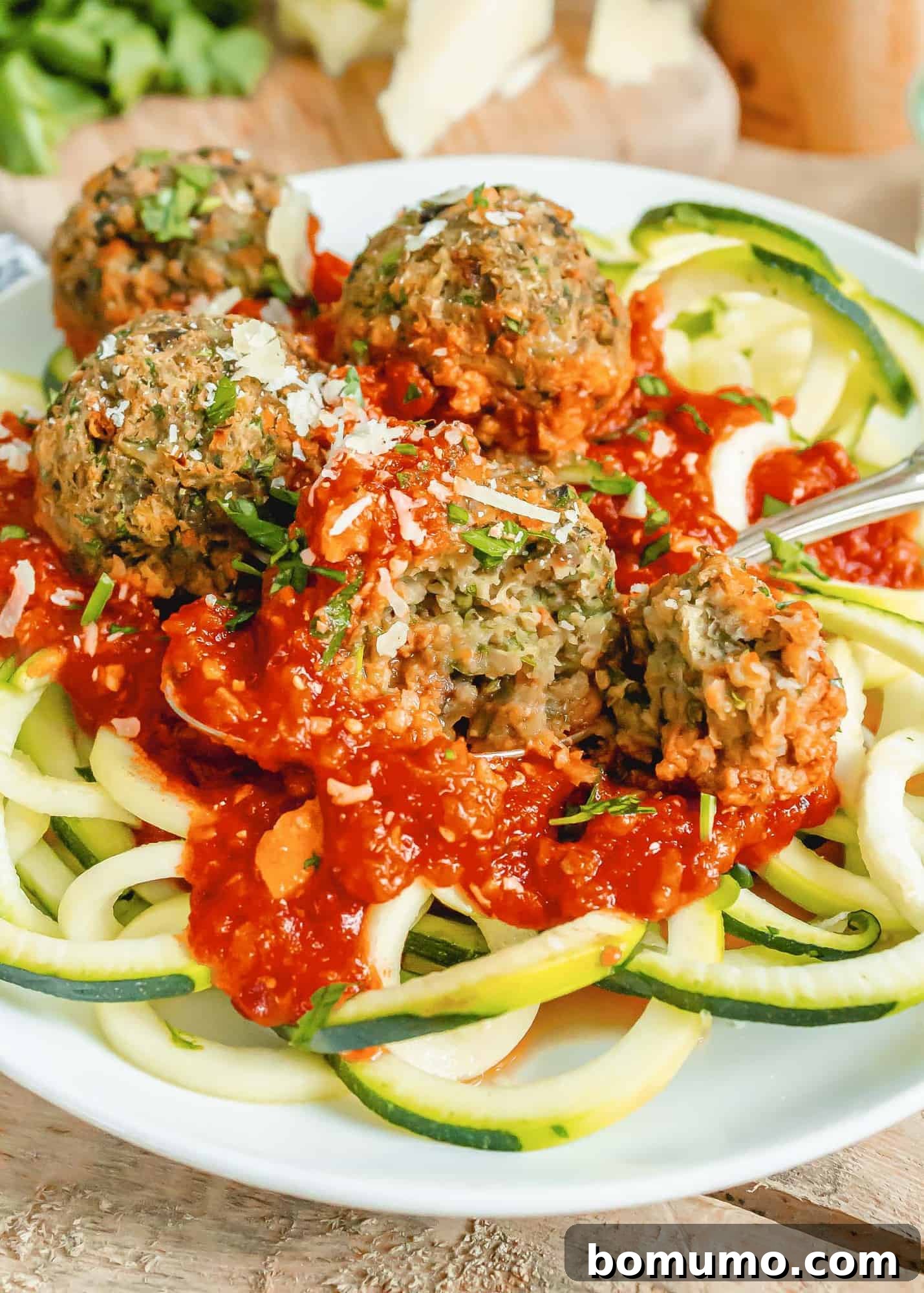 Vegetarian meatball cut open to show texture.