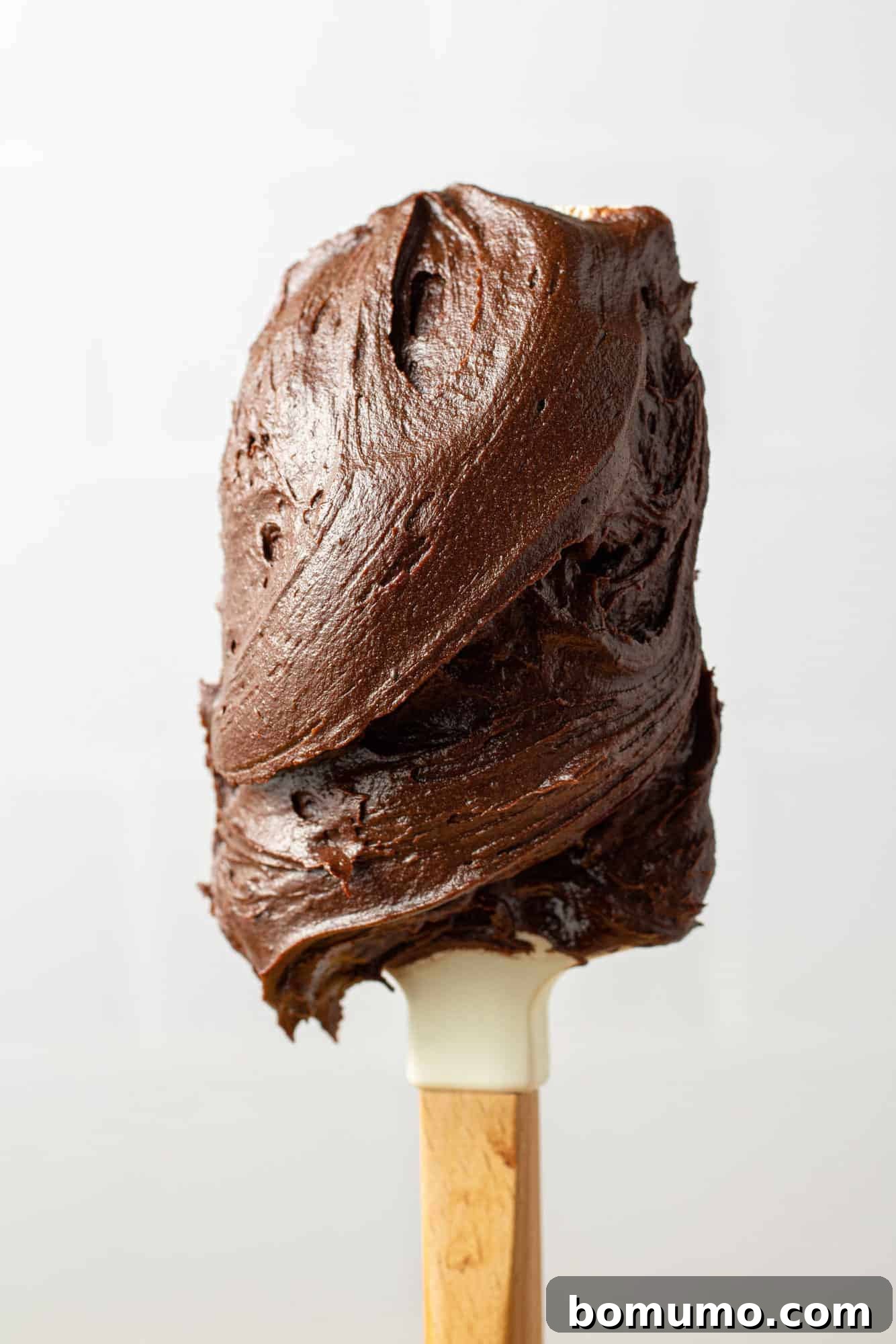 Smooth chocolate frosting on a wooden handled white spatula, ready to be spread.