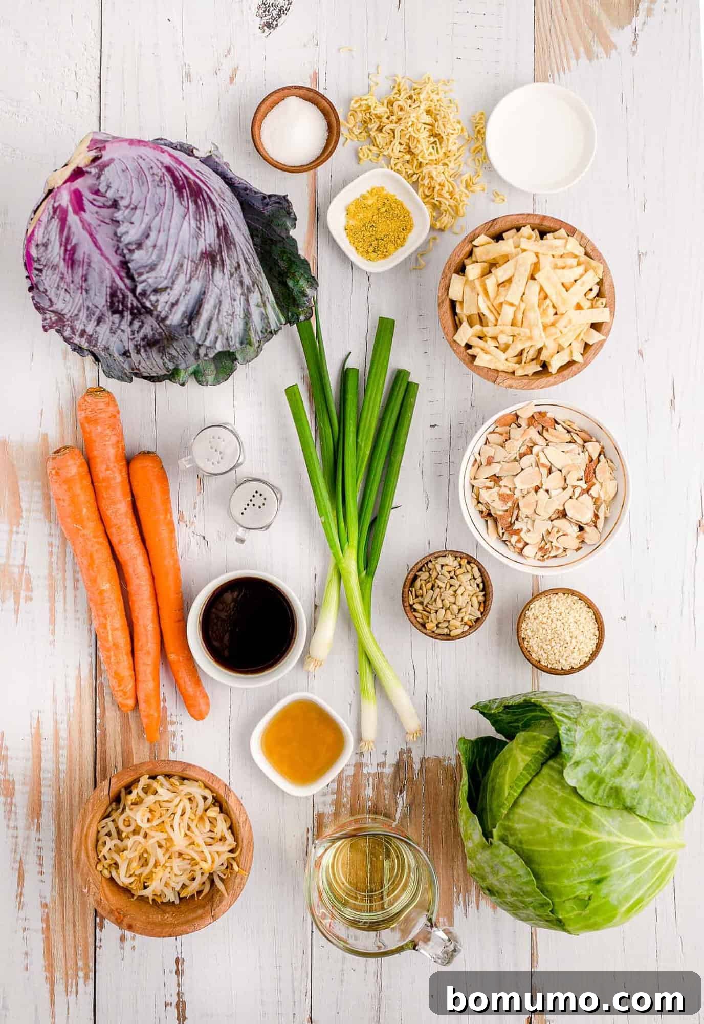 Overhead view of fresh ingredients: carrots, red cabbage, green cabbage, green onions, sesame seeds, almonds, and more, laid out for preparation.