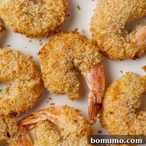 Breaded shrimp in a single layer on a white background, demonstrating the air fryer's crispy results.