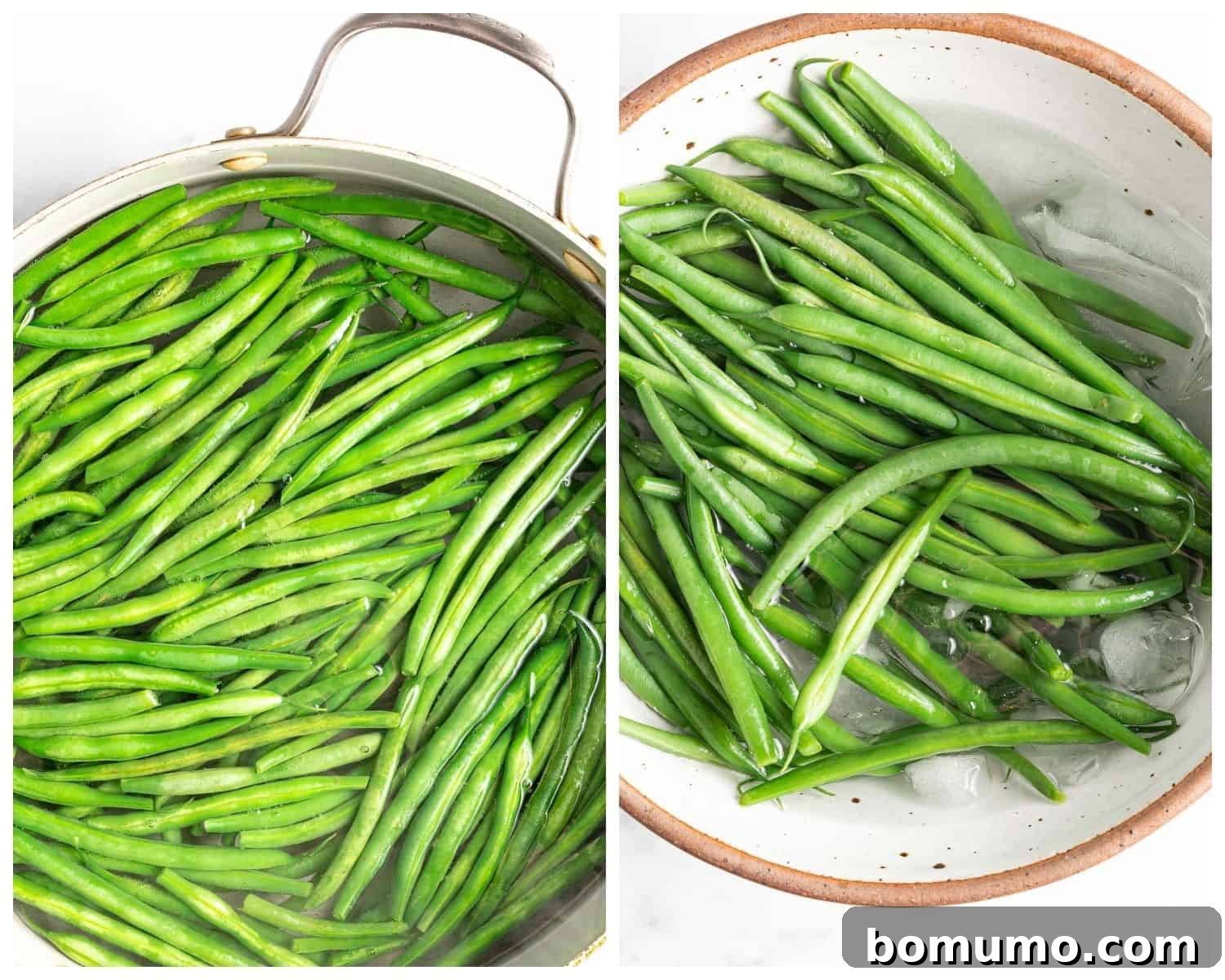 Side-by-side images showing green beans in water and then in an ice bath.