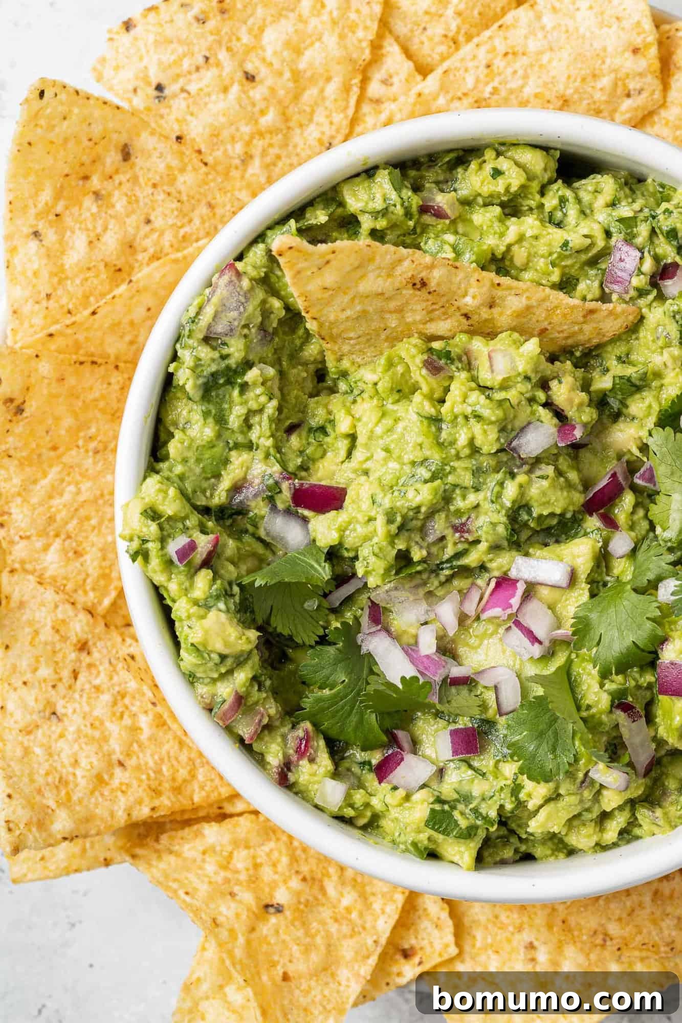 Crafting Perfect Guacamole 2 Close up of a bowl of homemade guacamole surrounded by crispy tortilla chips, inviting a taste.