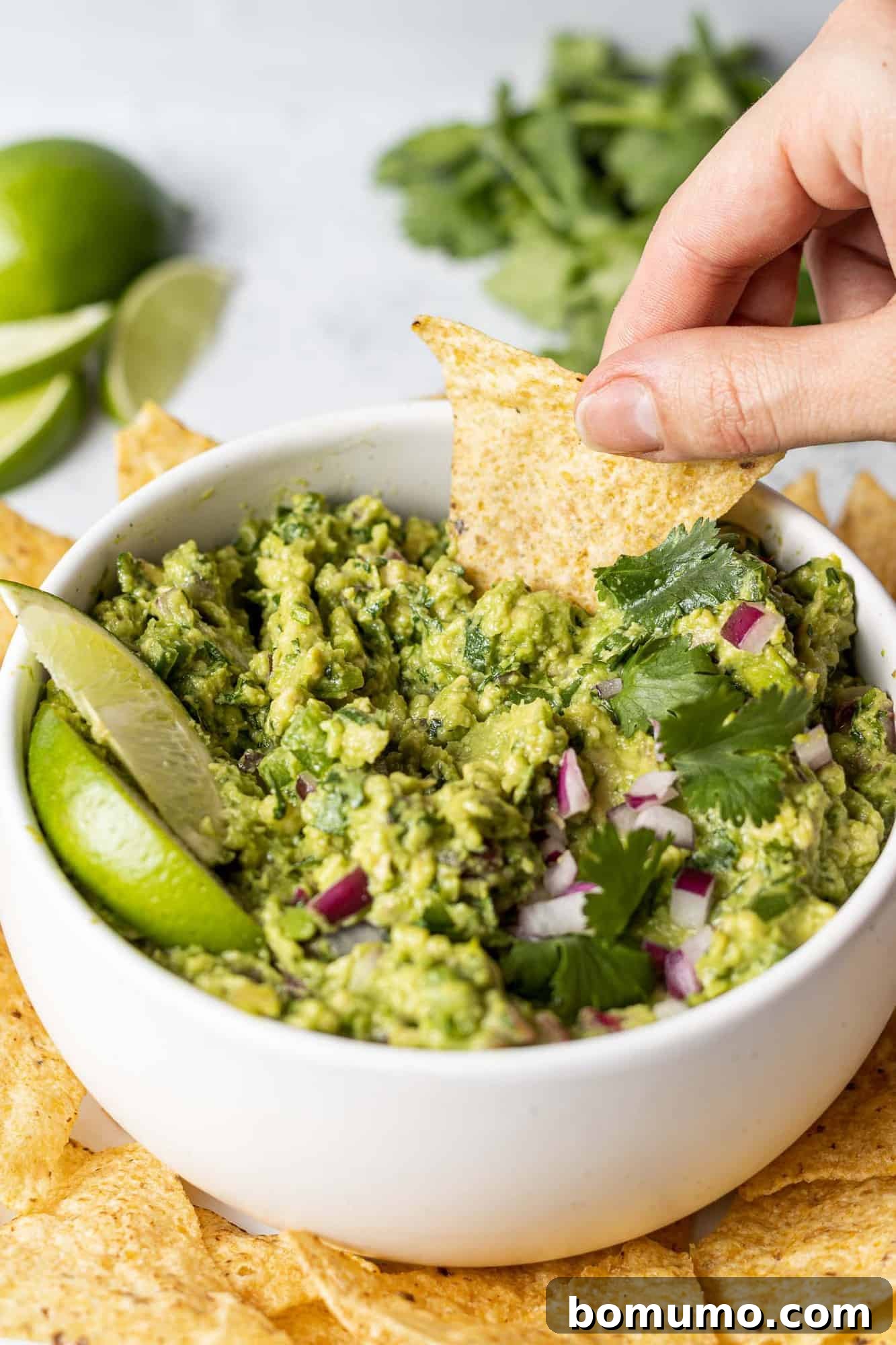 Crafting Perfect Guacamole 11 A tortilla chip being dipped into a luscious bowl of guacamole, capturing the moment of enjoyment.