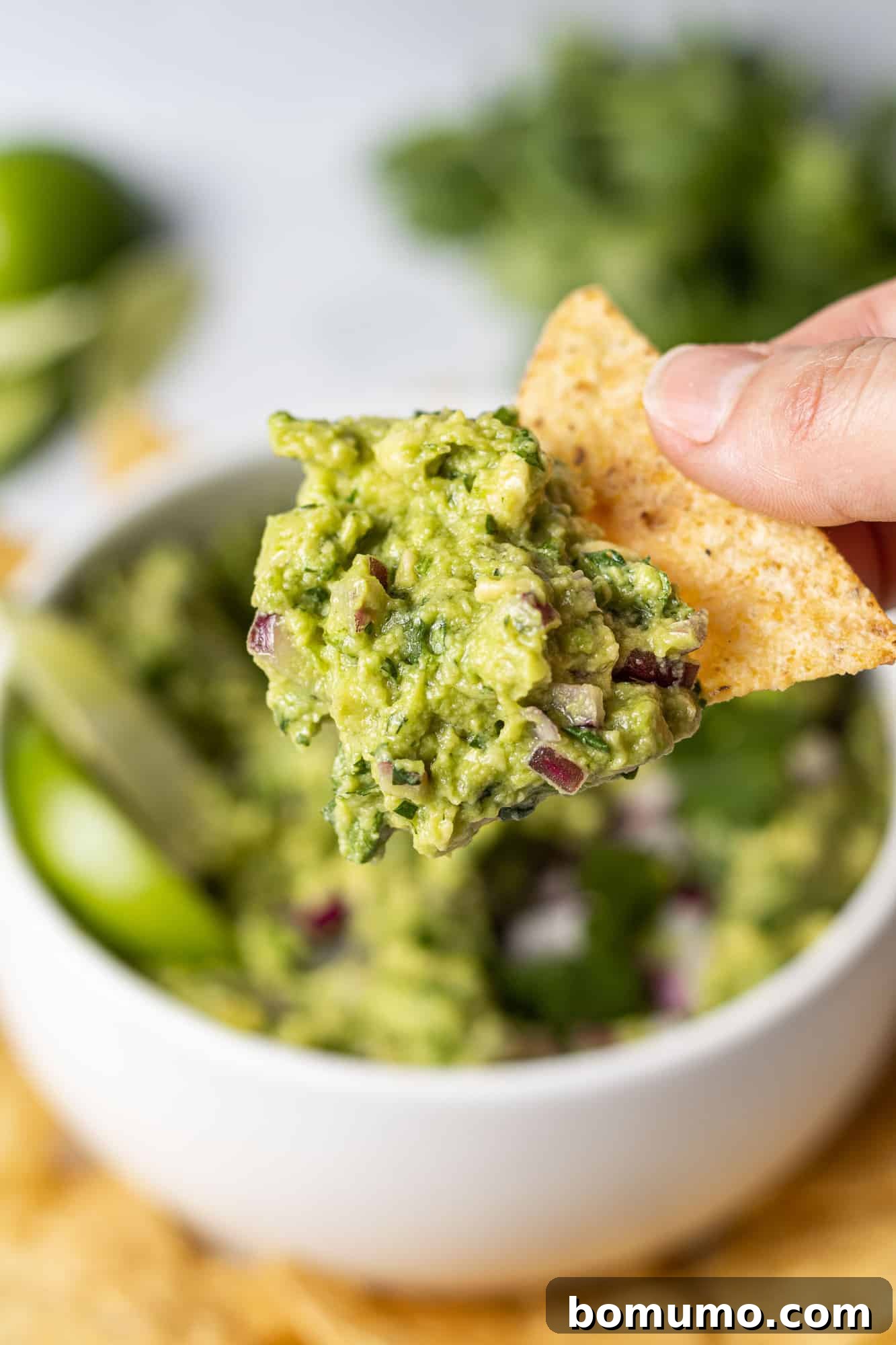 Crafting Perfect Guacamole 3 A hand holding a tortilla chip expertly dipped into homemade guacamole, ready to be enjoyed.
