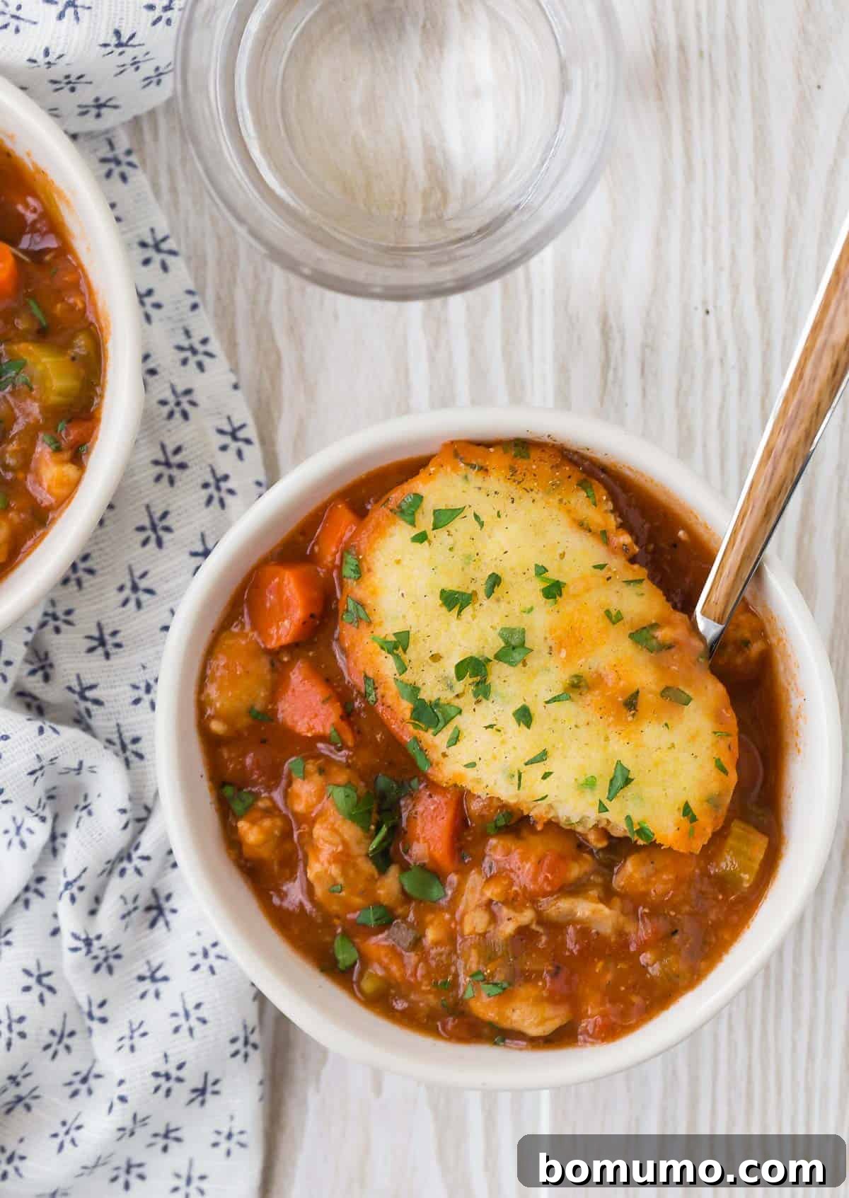 A small bowl of hearty chicken and cornmeal dumplings in a rich, tomato-based stew.