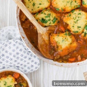 Chicken with cornmeal dumplings in a pan with spoon.