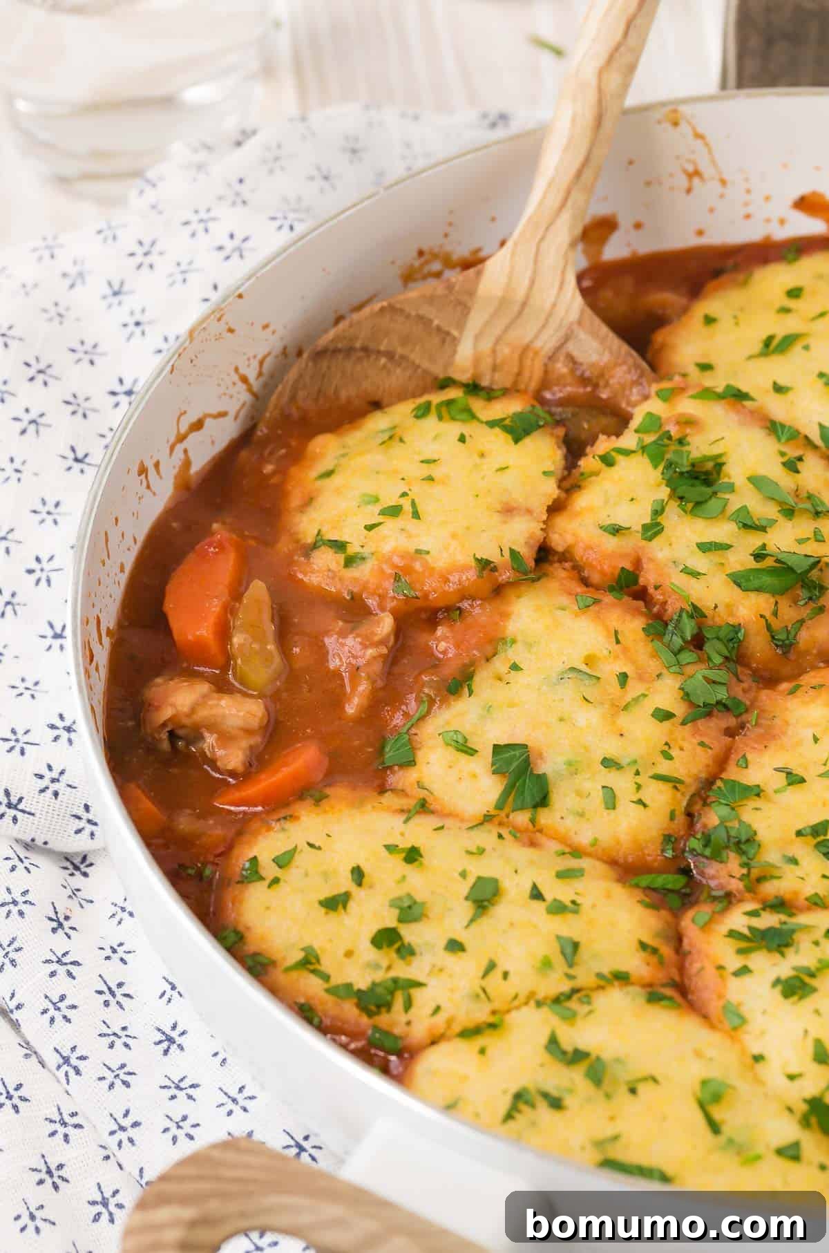 A serving of chicken with cornmeal dumplings, ready to be enjoyed.