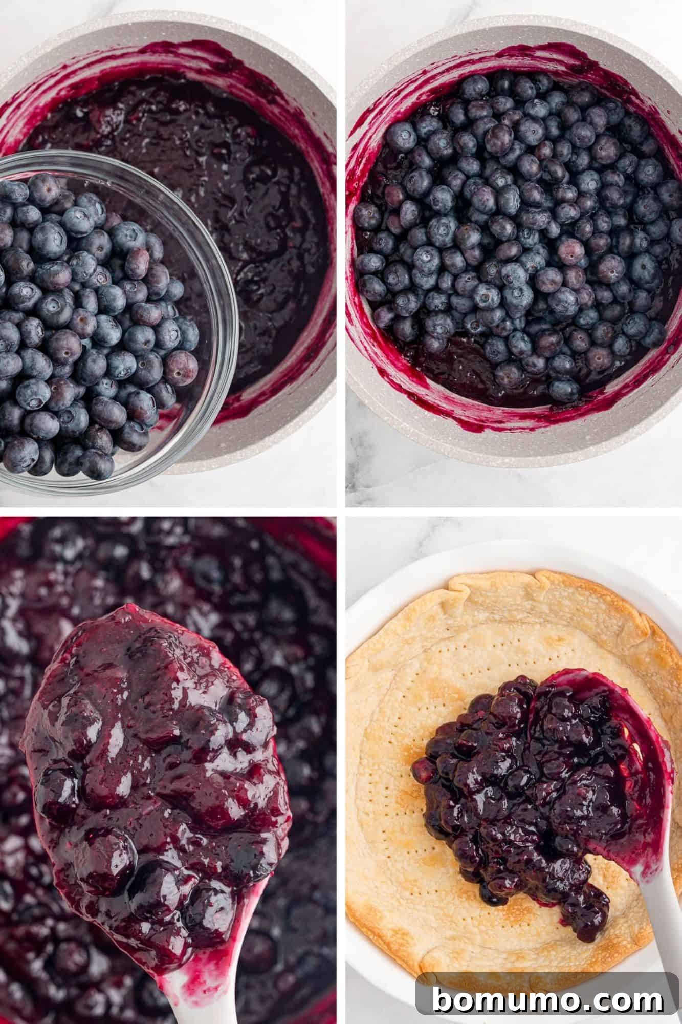 blueberry-pie Filling being finished with fresh blueberries and added to pie crust.