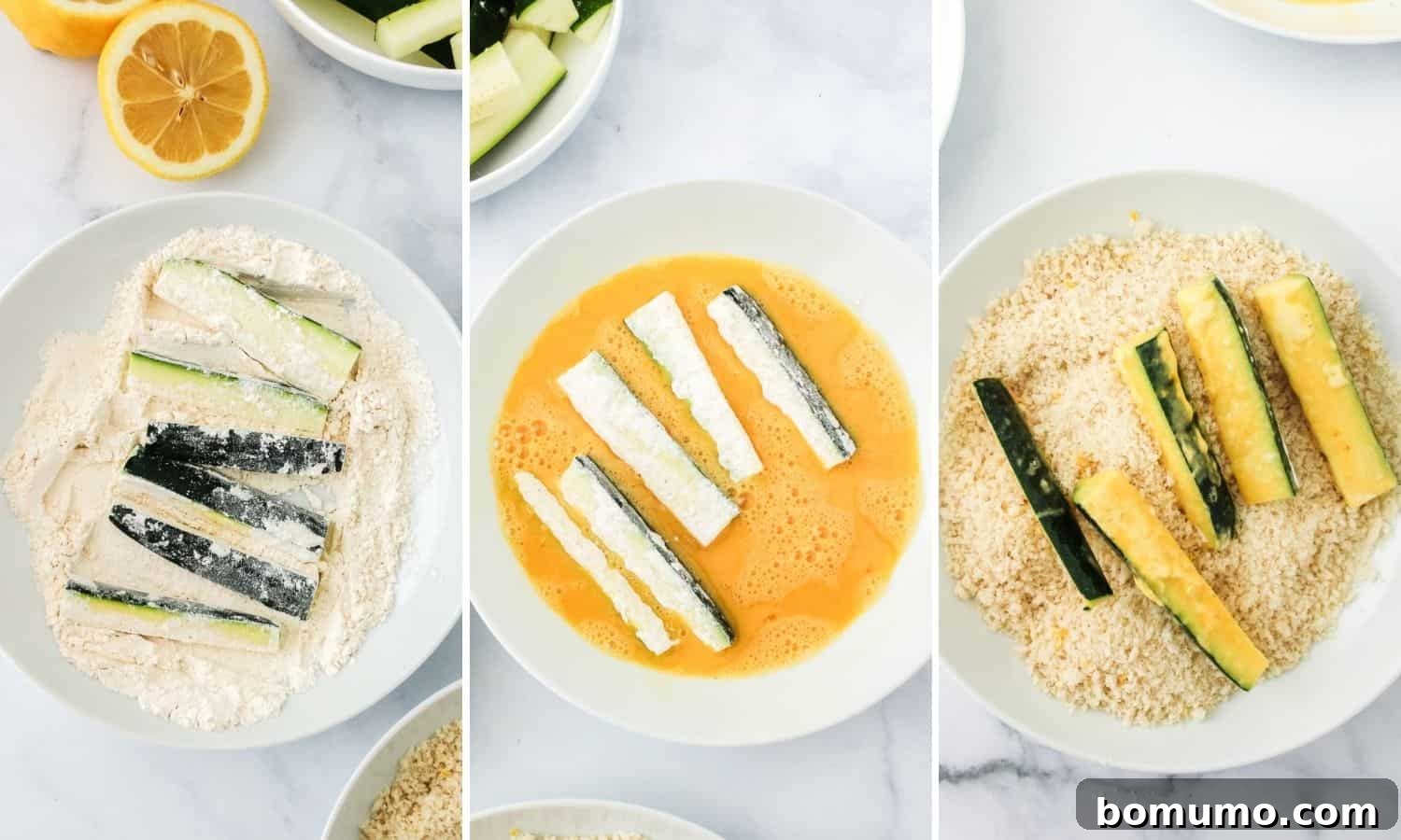 A visual sequence illustrating the breading steps for zucchini fries: flour, egg wash, and panko coating.