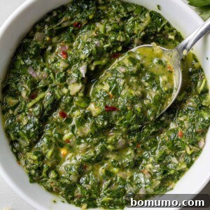 Vibrant green chimichurri sauce in a white bowl, a spoon lifting some up to show its fresh, chunky texture.