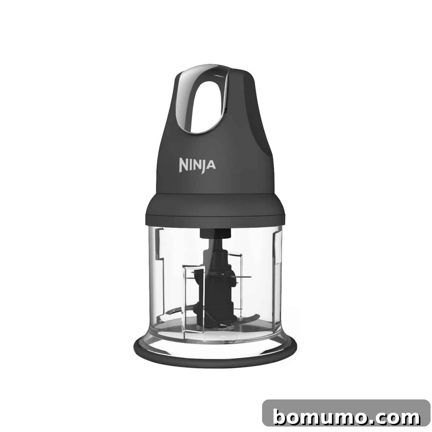 A compact mini food processor with its lid off, positioned on a clean white background, ready for use.